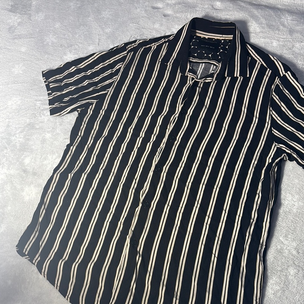 Denim & Flower Black Shirt with White and Tan Stripes